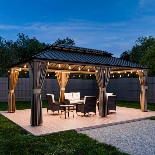 COOS BAY Hardtop Aluminum Frame Gazebo with Netting and Curtains