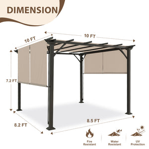 COOS BAY Outdoor Patio Pergola 10x10 ft with Retractable Sun Shade Canopy Top, Metal Frame Gazebo Sun Shade for Backyard, Deck, Garden and Poolside, Beige