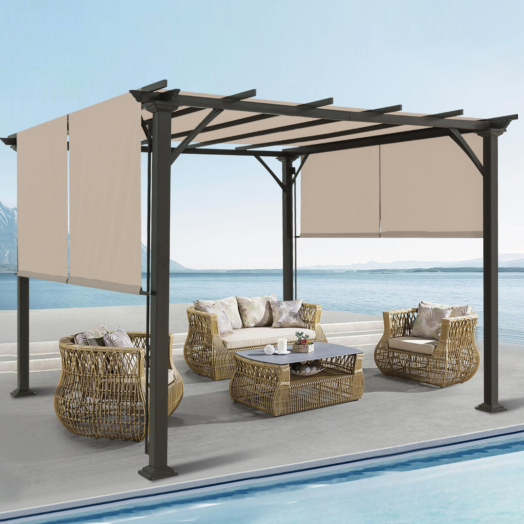 COOS BAY Outdoor Patio Pergola 10x10 ft with Retractable Sun Shade Canopy Top,Beige