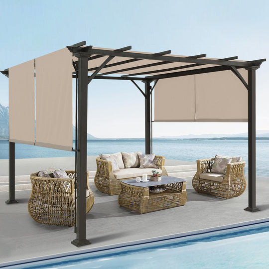 COOS BAY Outdoor Patio Pergola 10x10 ft with Retractable Sun Shade Canopy Top,Beige