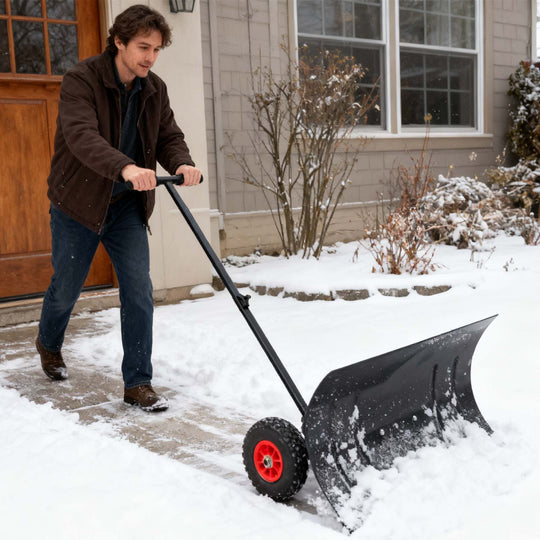COOS BAY 29” Wheeled Snow Shovel Single/Double Rod Snow Pusher with Adjustable Angle