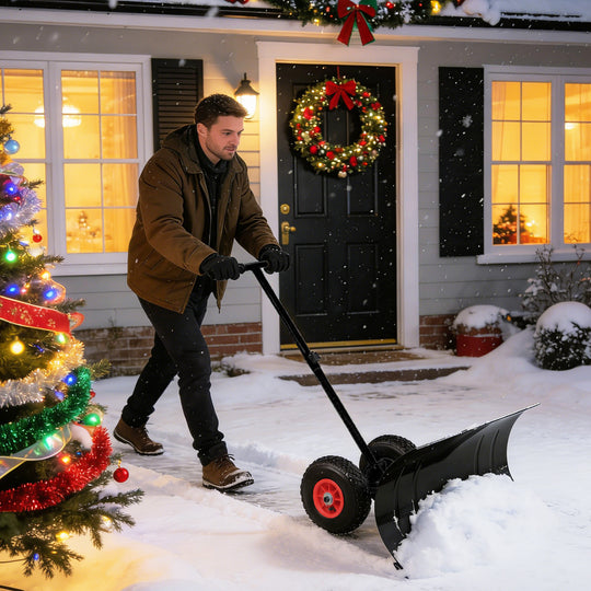 COOS BAY Wheeled Snow Shovel Single/Double Rod Snow Pusher with Adjustable Angle