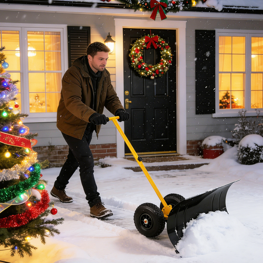 COOS BAY Wheeled Snow Shovel Single/Double Rod Snow Pusher with Adjustable Angle