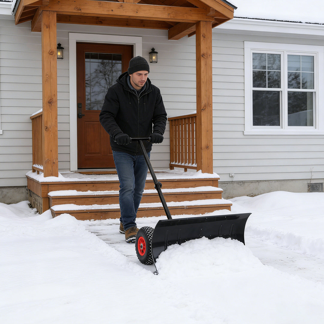 COOS BAY Wheeled Snow Shovel Single/Double Rod Snow Pusher with Adjustable Angle