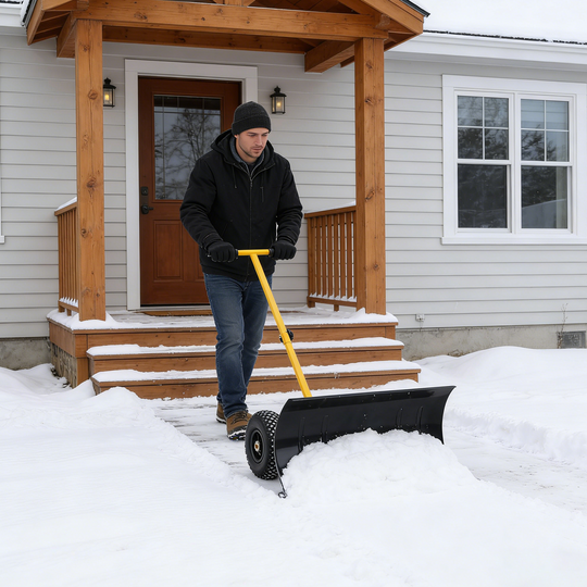 COOS BAY Wheeled Snow Shovel Single/Double Rod Snow Pusher with Adjustable Angle