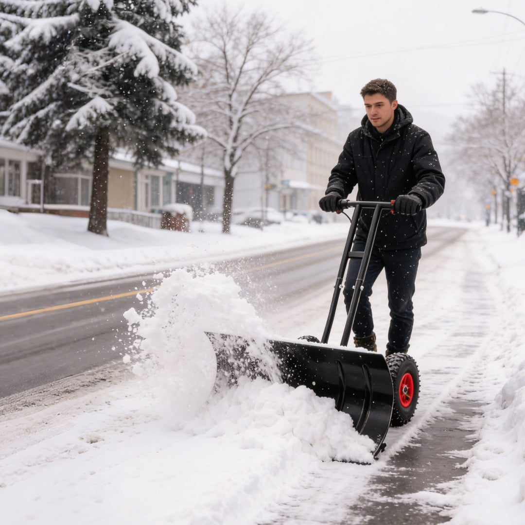 COOS BAY Wheeled Snow Shovel Single/Double Rod Snow Pusher with Adjustable Angle