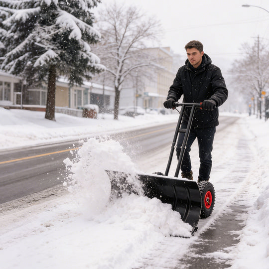 COOS BAY Wheeled Snow Shovel Single/Double Rod Snow Pusher with Adjustable Angle