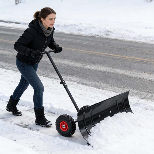COOS BAY Wheeled Snow Shovel Single/Double Rod Snow Pusher with Adjustable Angle