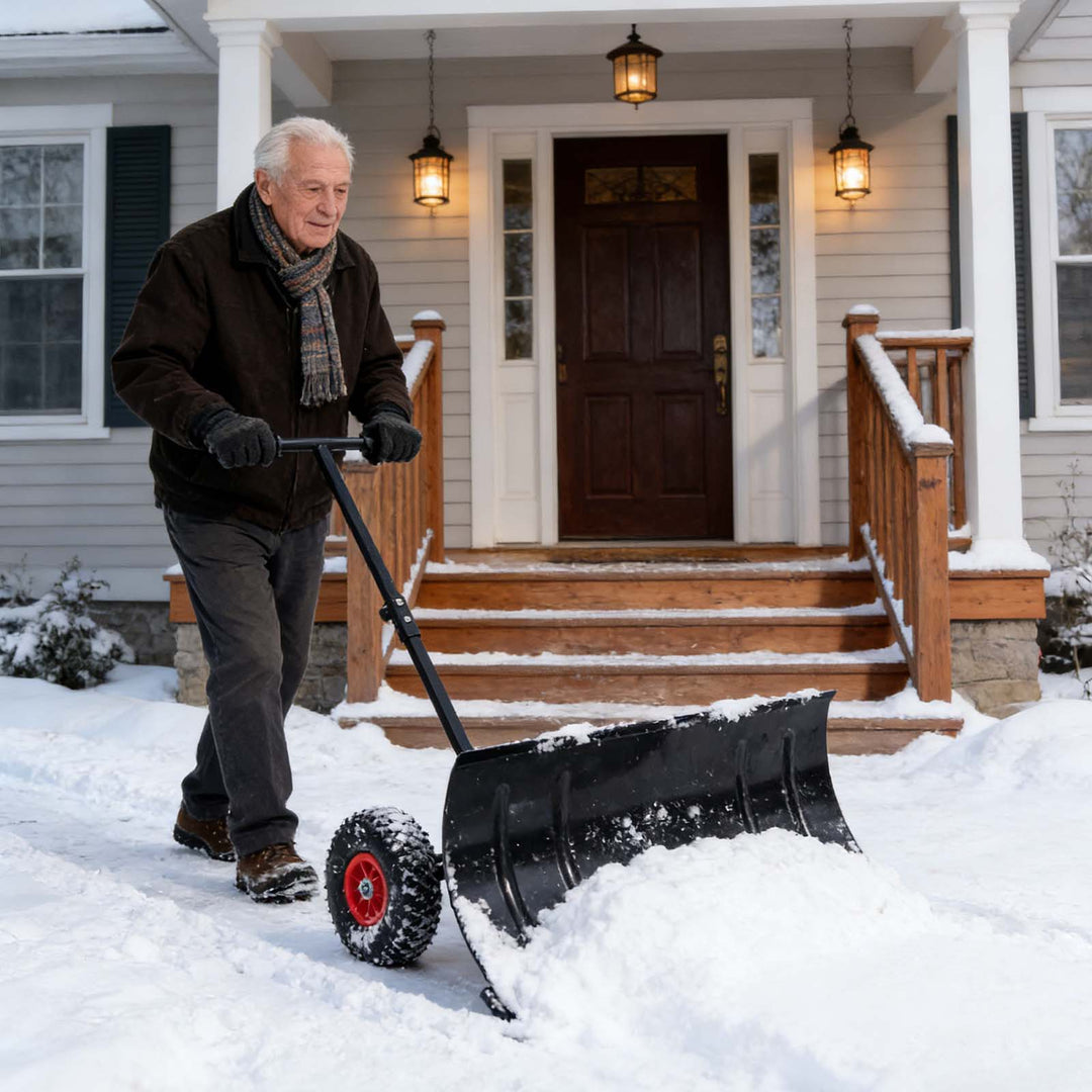 COOS BAY Wheeled Snow Shovel Single/Double Rod Snow Pusher with Adjustable Angle