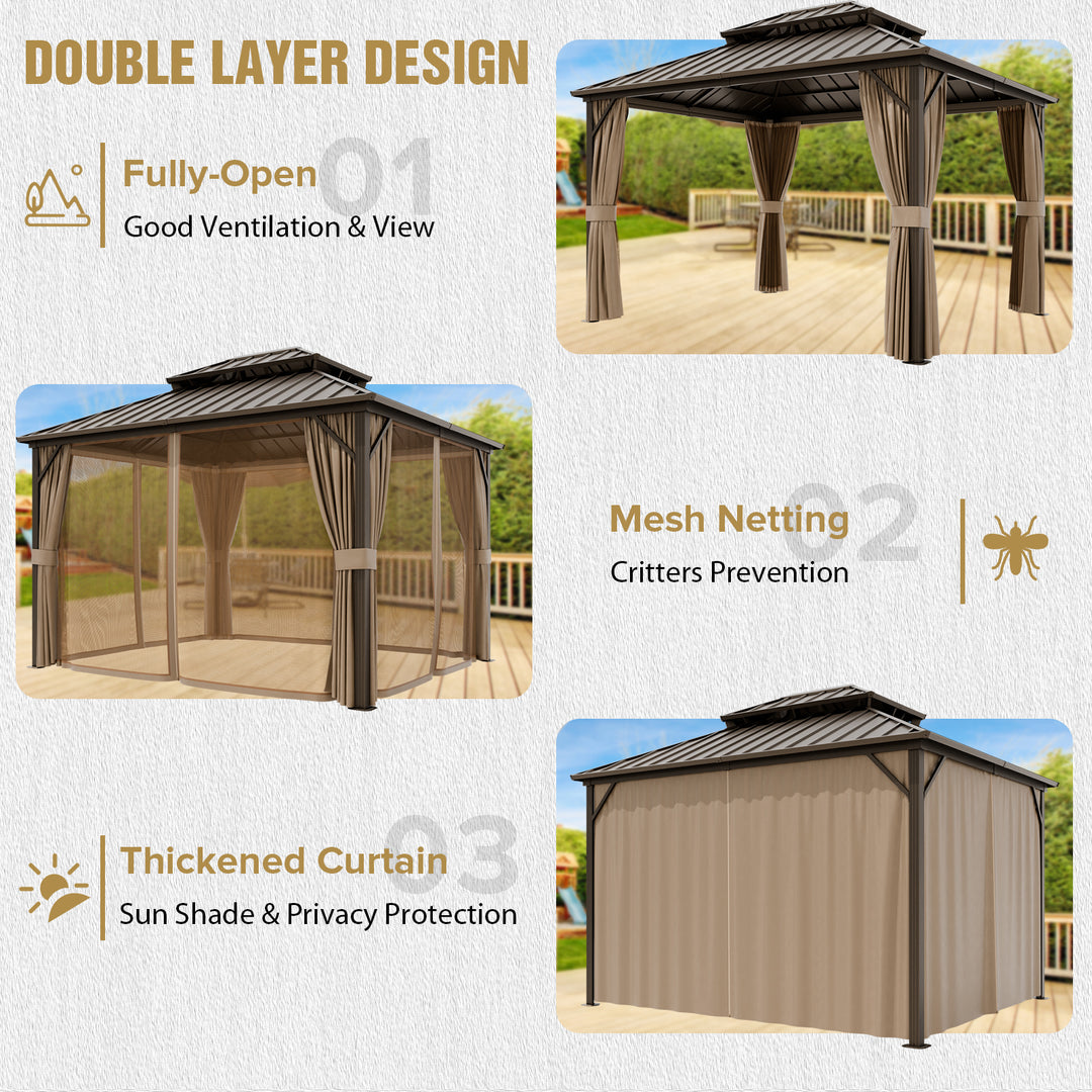 COOS BAY 12x10 Hardtop Aluminum Frame Gazebo with Netting and Curtains, Dark Brown/Tan