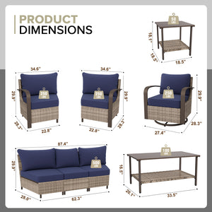 Palm Breeze 7 Pcs Curved Patio Conversation Set with Swivel Rocking Chairs, Curved Sofas, Coffee Table and Side Table