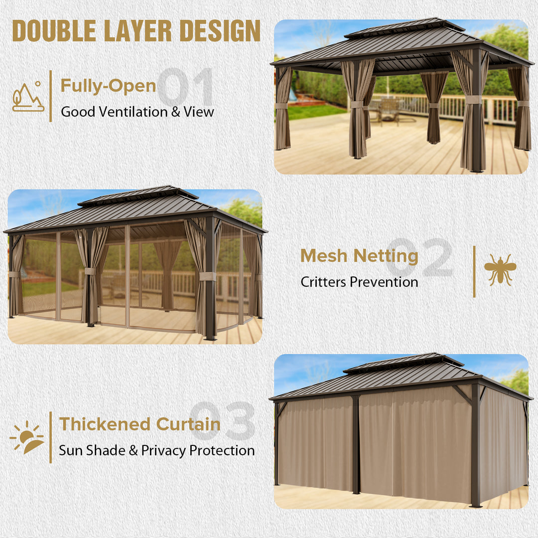 COOS BAY 12x18 Hardtop Gazebo with Aluminum Frame, Netting and Curtains, Dark Brown/Tan