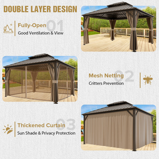 COOS BAY Hardtop Aluminum Frame Gazebo with Netting and Curtains