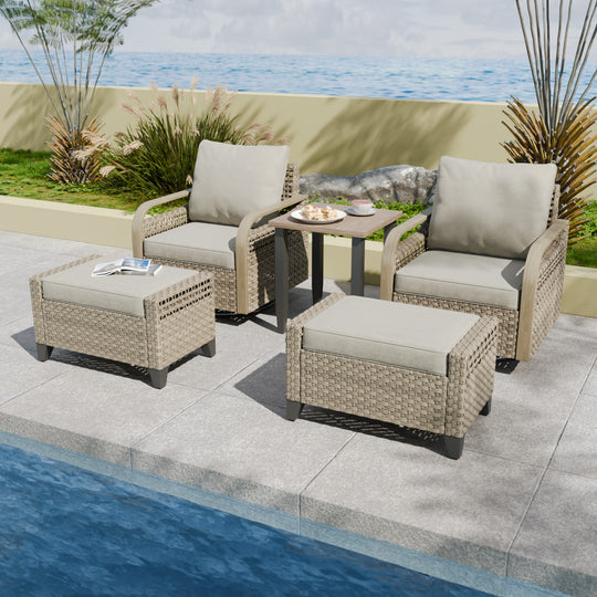 COOS BAY Modern Outdoor 5 PCS Bistro Set w/Swivel Rocking Chairs, Ottomans & Side Table