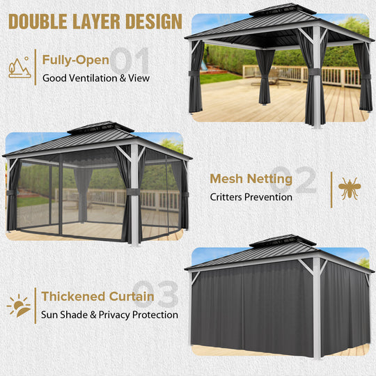 COOS BAY Hardtop Aluminum Frame Gazebo with Netting and Curtains
