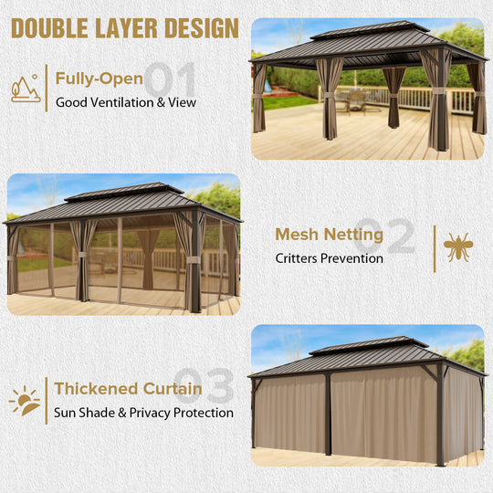 COOS BAY Hardtop Aluminum Frame Gazebo with Netting and Curtains