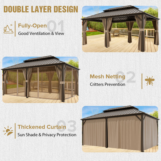 COOS BAY Hardtop Aluminum Frame Gazebo with Netting and Curtains