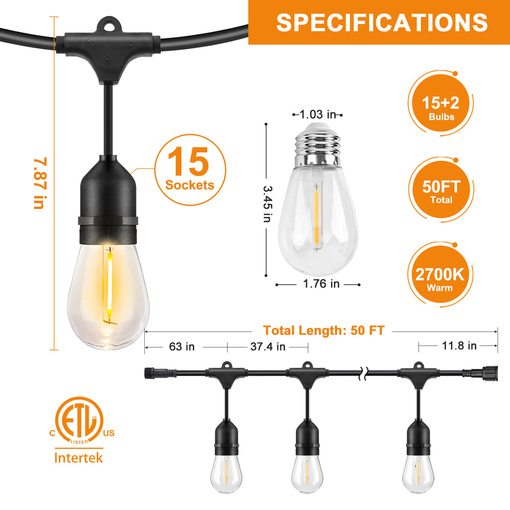 COOS BAY Solar-Powered 50 FT S14 String Lights