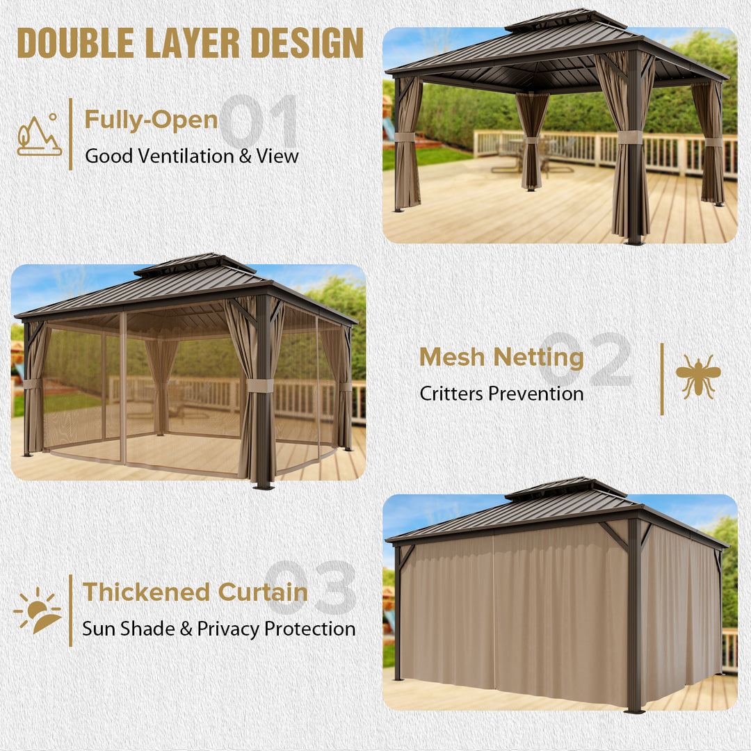 COOS BAY 12x14 Hardtop Gazebo with Aluminum Frame,Netting and Curtains, Dark Brown/Tan