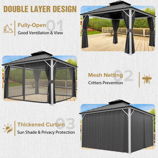 COOS BAY Hardtop Aluminum Frame Gazebo with Netting and Curtains