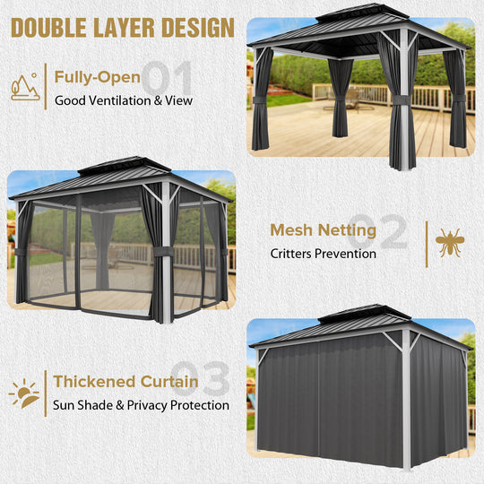 COOS BAY Hardtop Aluminum Frame Gazebo with Netting and Curtains
