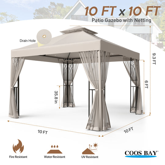 COOS BAY 10x10 Patio Gazebo with Mosquito Netting and Corner Shelves