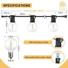 Load image into Gallery viewer, Outdoor Solar Powered String Lights 25 Feet G40 with 25 Shatterproof Bulbs (2 Spare), 2700K