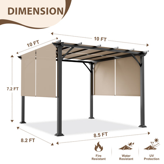 COOS BAY Outdoor Patio Pergola 10x10 ft with Retractable Sun Shade Canopy Top,Beige