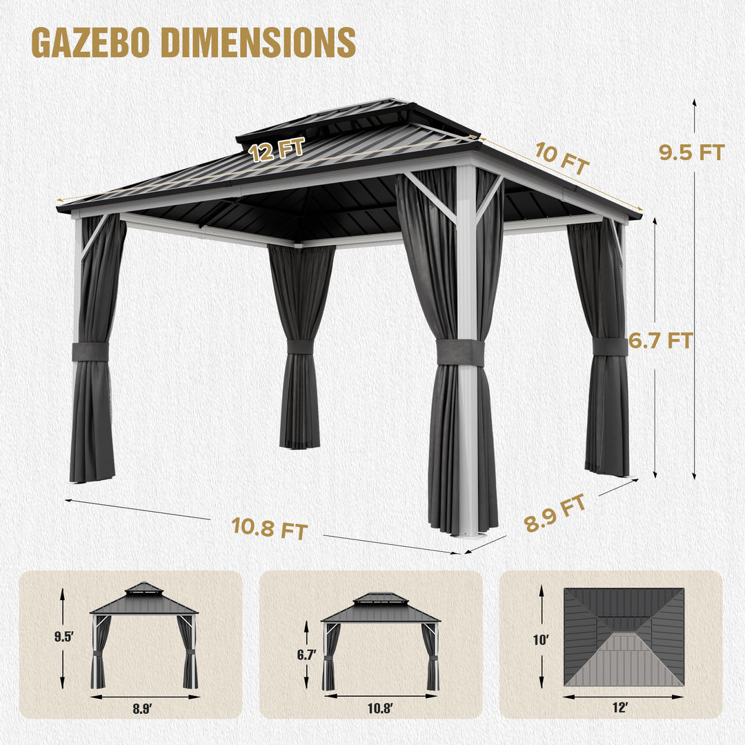 COOS BAY Hardtop Aluminum Frame Gazebo with Netting and Curtains