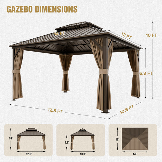 COOS BAY 12x14 Hardtop Gazebo with Aluminum Frame,Netting and Curtains, Dark Brown/Tan