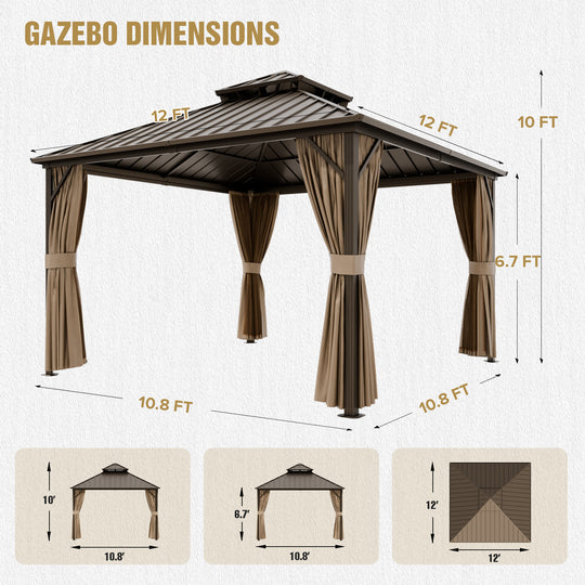 COOS BAY 12x12 Hardtop Gazebo with Aluminum Frame, Netting and Curtains