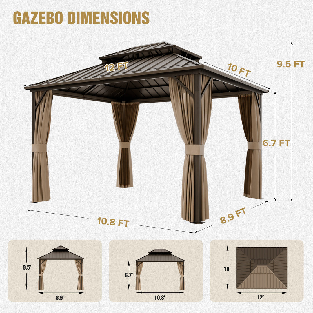 COOS BAY 12x10 Hardtop Aluminum Frame Gazebo with Netting and Curtains, Dark Brown/Tan