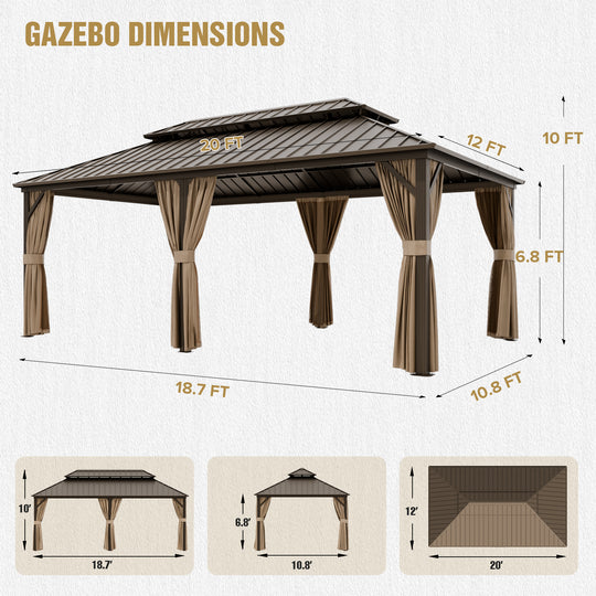 COOS BAY 12x20 Hardtop Gazebo with Aluminum Frame, Netting and Curtains, Dark Brown/Tan