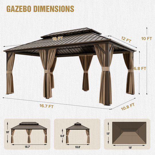 COOS BAY 12x18 Hardtop Gazebo with Aluminum Frame, Netting and Curtains, Dark Brown/Tan