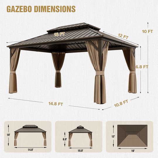 COOS BAY 12x16 Hardtop Gazebo with Aluminum Frame, Netting and Curtains, Dark Brown/Tan