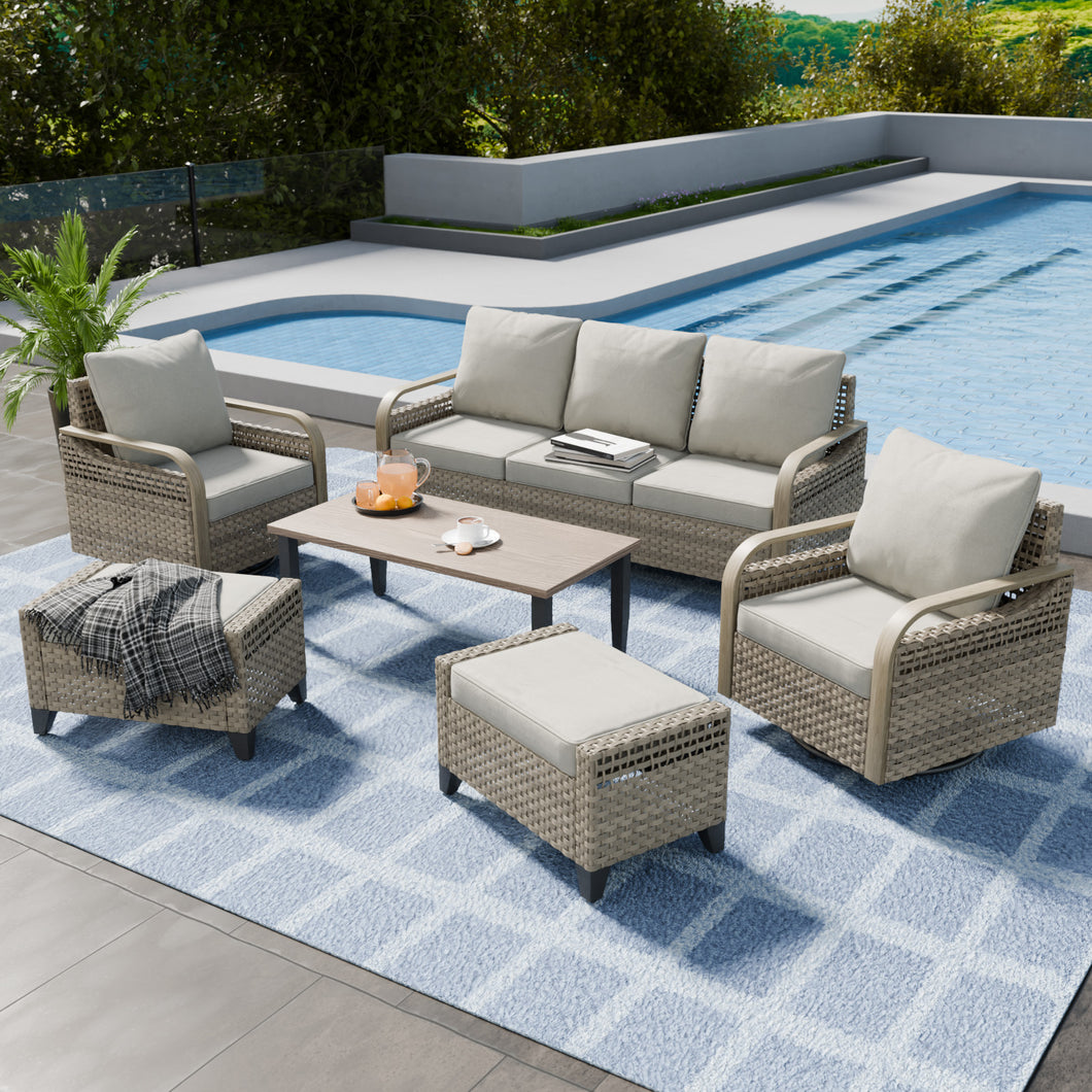 COOS BAY 6pc Patio Conversation Set with 2 Swivel Rocking Chairs, 3 Seat Loveseat Sofa, 2 Ottomans, and Coffee Table, Gray/Brown