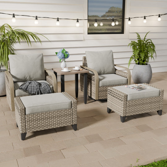 COOS BAY Modern Outdoor 5 PCS Bistro Set w/Swivel Rocking Chairs, Ottomans & Side Table