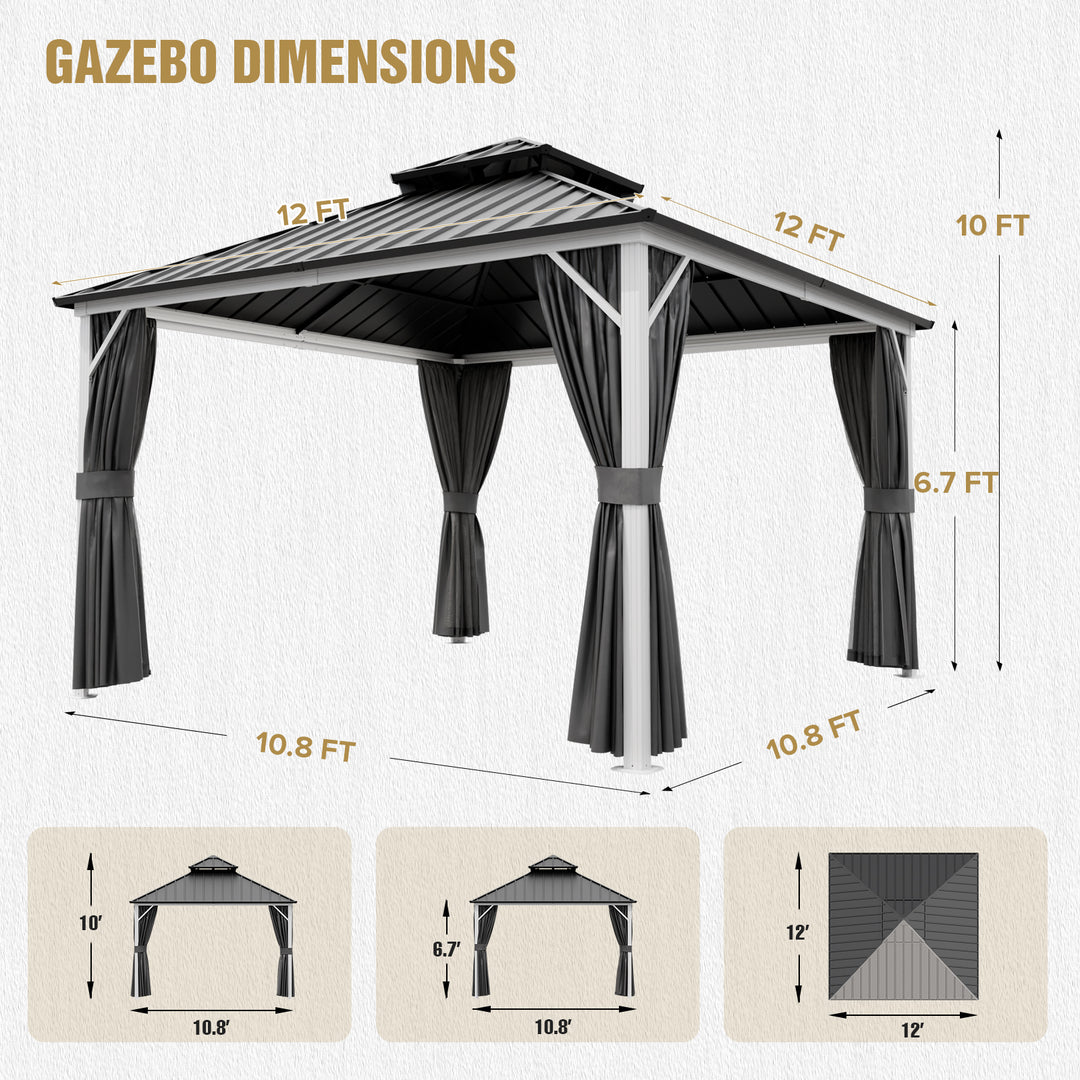 COOS BAY Hardtop Aluminum Frame Gazebo with Netting and Curtains