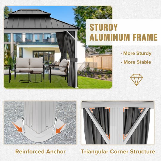 COOS BAY Hardtop Aluminum Frame Gazebo with Netting and Curtains