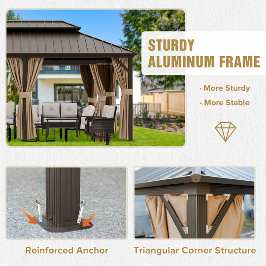 COOS BAY Hardtop Aluminum Frame Gazebo with Netting and Curtains