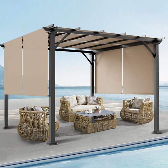 COOS BAY Outdoor Patio Pergola 10x10 ft with Retractable Sun Shade Canopy Top,Beige