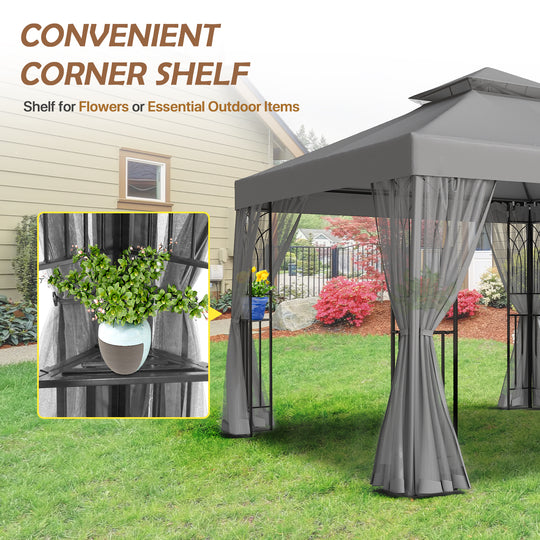 COOS BAY 10x10 Patio Gazebo with Mosquito Netting and Corner Shelves