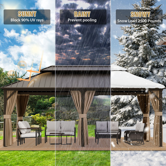 COOS BAY Hardtop Aluminum Frame Gazebo with Netting and Curtains