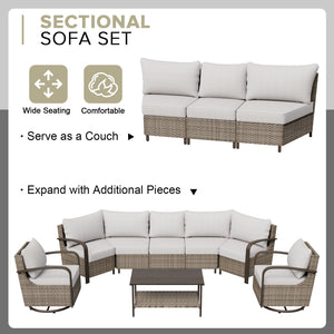 7 Pcs Furniture Set with Patio Chairs, Curved Sectional Sofas, Coffee Table and Side Table