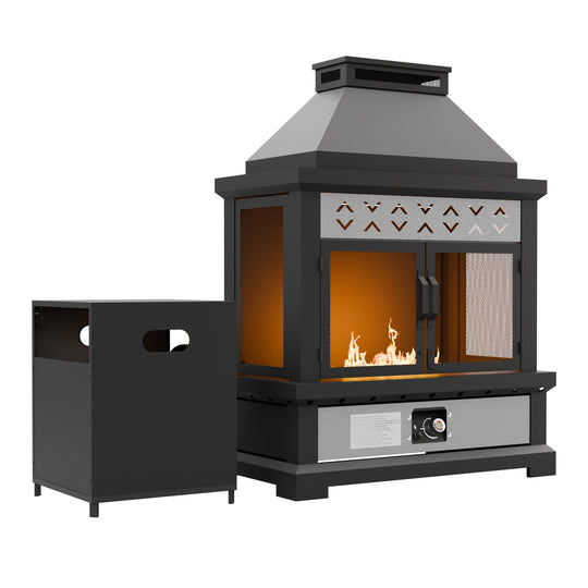 Outdoor Propane Fire Pit 50,000 BTU, Smokelss Gas Fireplace w/ Locking Mesh Doors and Tank Storage