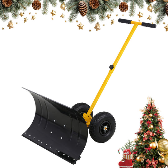 COOS BAY Wheeled Snow Shovel Single/Double Rod Snow Pusher with Adjustable Angle