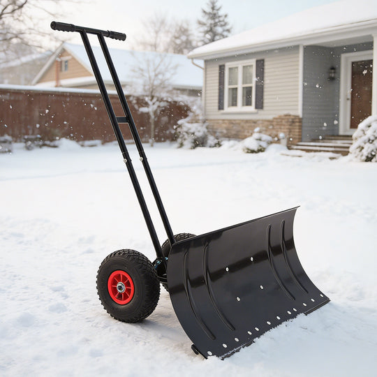 COOS BAY Wheeled Snow Shovel Single/Double Rod Snow Pusher with Adjustable Angle