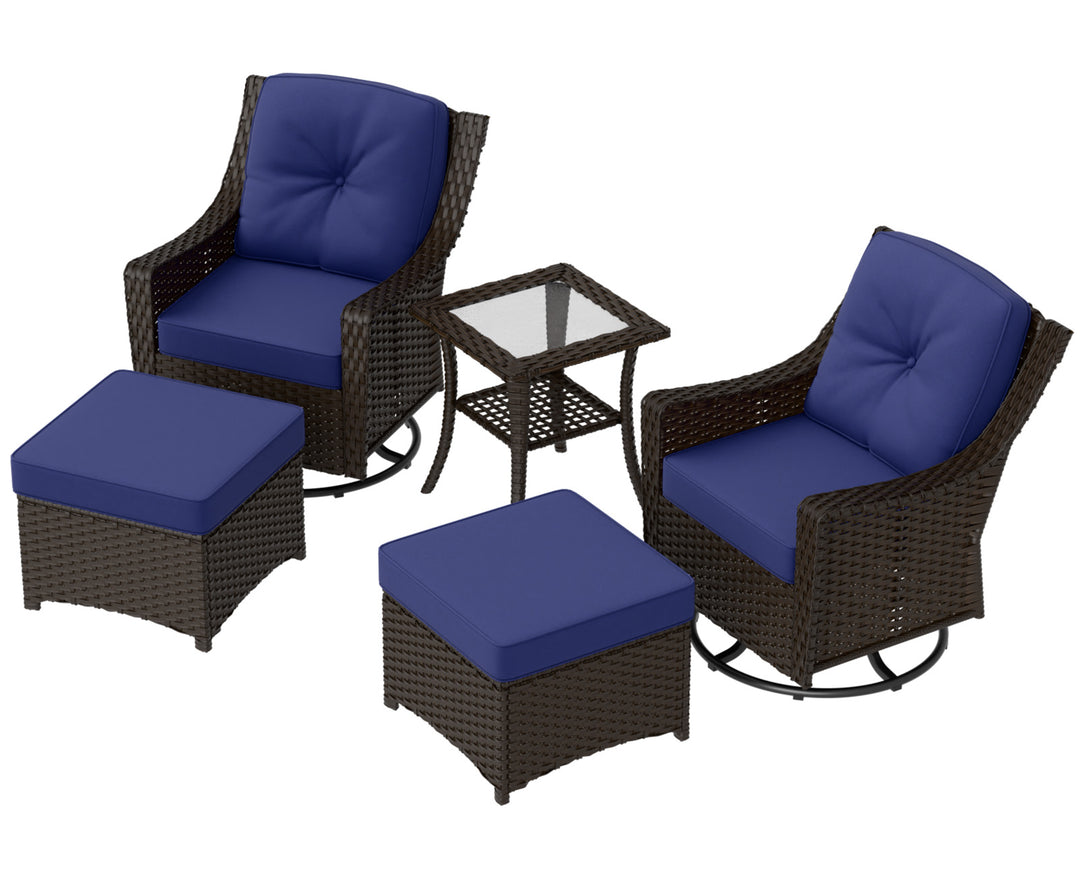 COOS BAY Stone Harbor 5 PCS Wicker Outdoor Furniture Set w/Swivel Rockers, Ottomans and Side Table