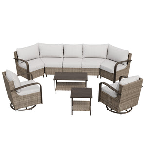 Palm Breeze 7 Pcs Curved Patio Conversation Set with Swivel Rocking Chairs, Curved Sofas, Coffee Table and Side Table