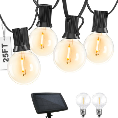 Outdoor Solar Powered String Lights 25 Feet G40 with 25 Shatterproof Bulbs (2 Spare), 2700K